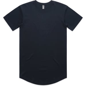 A navy blue T-shirt with a curved hem and short sleeves, featuring a logo on the chest area.