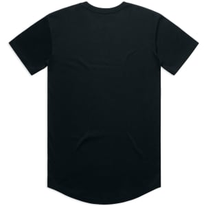 A black T-shirt featuring a curved hem and short sleeves, with a small logo on the back.