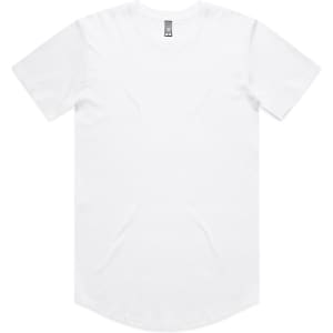 A white t-shirt with a rounded hem and a label at the neckline, featuring a logo.