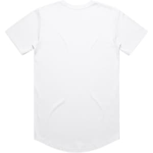 A plain white t-shirt with a rounded hem, featuring a branding logo on the back.