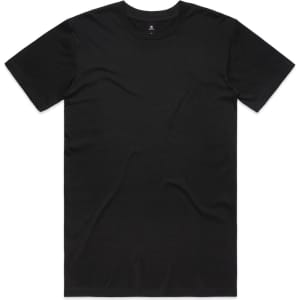 A black T-shirt made from recycled materials, featuring a crew neck and short sleeves. It has a logo on the label.