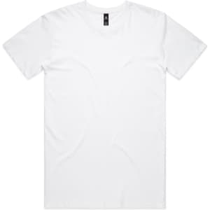A white T-shirt with a round neck and short sleeves, featuring a logo on the label.