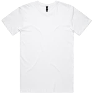 A white t-shirt displayed flat, featuring a classic crew neck design and a small logo on the label.