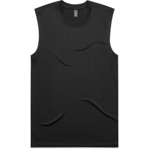 A black sleeveless tank top with a smooth texture and a small logo on the neckline.