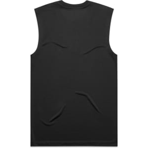 A black sleeveless tank top with a smooth texture and a logo on the back.