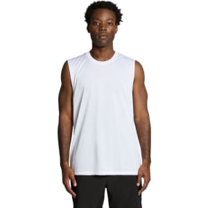 A sleeveless active tank in white, featuring a simple design and a logo on the front.