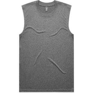 A grey sleeveless tank top with a smooth texture and a logo on the chest area.