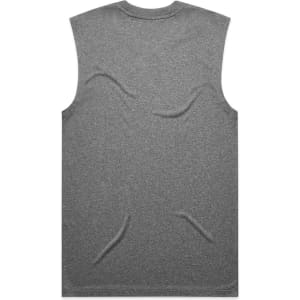 A grey sleeveless tank top with a smooth texture and a logo on the back.