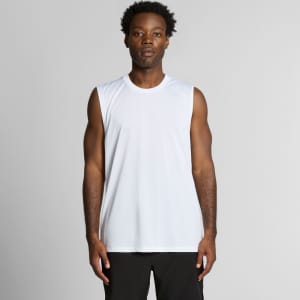 A white sleeveless tank top displayed on a model, featuring a logo on the fabric.