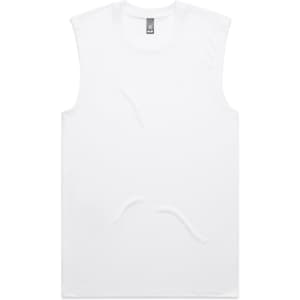 A white active tank top with a sleeveless design. It features a logo on the label.
