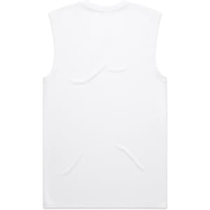 A plain white tank top with a sleeveless design and a logo on the back.