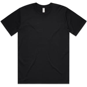 A classic black t-shirt with short sleeves and a round neckline, featuring a logo on the tag.