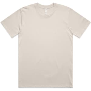 A beige Classic Minus Tee [-5cm] t-shirt with a round neckline and short sleeves, featuring a logo.