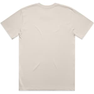 A beige t-shirt featuring short sleeves and a plain back. The shirt has a logo at the neckline.