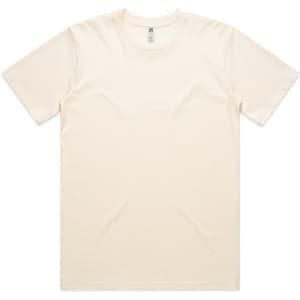A plain cream-coloured t-shirt with short sleeves and a round neckline. It features a logo on the inside label.