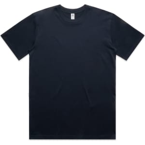 A black t-shirt with short sleeves and a crew neck, featuring a logo on the label.