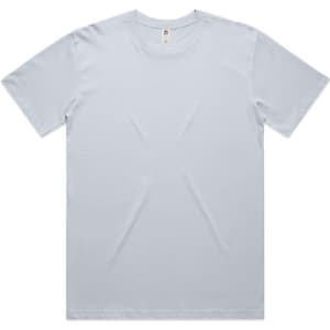 A light blue t-shirt with a classic crew neck and short sleeves, featuring a logo on the label.