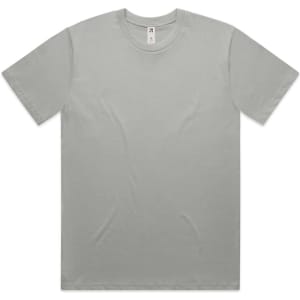 A light grey classic t-shirt with short sleeves and a crew neckline. It features a logo on the label.