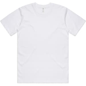 A white classic t-shirt with short sleeves and a round neck, featuring a logo on the tag.