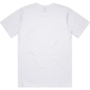 A plain white t-shirt featuring a round neckline and short sleeves, with a logo on the back.