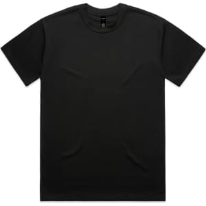 A plain black T-shirt with a simple design and a logo on the label. Suitable for casual wear.