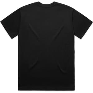 A black Heavy Tee t-shirt featuring a simple design and a crew neck style. It has a logo on the tag.