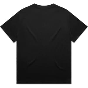 A black T-shirt featuring a plain back and a logo on the neckline. Suitable for casual wear.