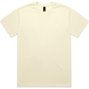 A cream-coloured Heavy Tee t-shirt featuring a simple design and a logo on the label.