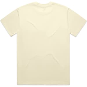 A plain, cream-coloured T-shirt with short sleeves and a logo on the back.
