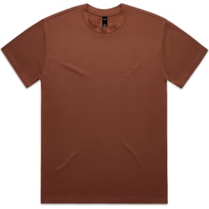 A brown t-shirt with a crew neck and short sleeves, featuring a logo in the neckline area.