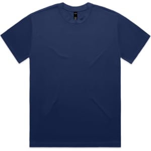 A navy blue T-shirt with short sleeves and a round neckline. It features a small logo on the tag.