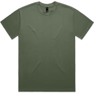 A heavy olive green T-shirt with a classic crew neck and short sleeves. Features a label inside.