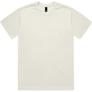 A plain cream Heavy Tee t-shirt with a round neckline and short sleeves. It features a logo on the label.
