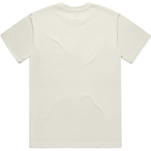 A plain light cream T-shirt with short sleeves and a round neck, featuring a logo on the back.