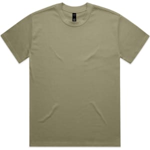 A khaki Heavy Tee featuring a crew neck and a plain design. It has a logo tag on the inside neck.