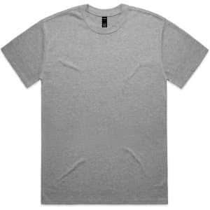A grey t-shirt with short sleeves, featuring a brand logo on the label.
