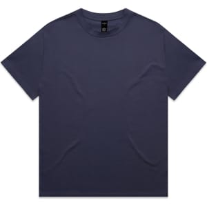 A plain navy heavy tee with short sleeves, featuring a label at the neckline and no visible branding.