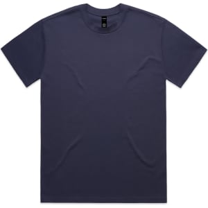 A dark navy t-shirt with short sleeves and a classic crew neck design, featuring a logo on the tag.