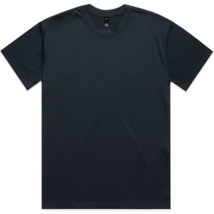 A dark-coloured heavy tee t-shirt with a classic crew neck design. It features a logo tag on the inside.