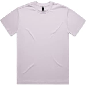 A plain heavy white t-shirt with a round neckline and short sleeves, featuring a small logo.