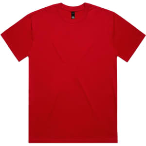 A red heavy tee with a round neckline and short sleeves. It features a logo on the label.