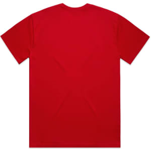 A red t-shirt with a plain back, featuring a branding logo on the neck area.