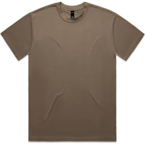A heavy tee shirt in a muted brown colour with a smooth finish and a simple design. It features a logo on the label.