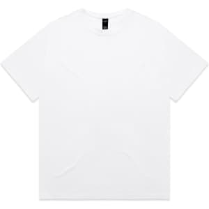 A plain white T-shirt with a crew neckline and short sleeves, featuring a label at the neck.