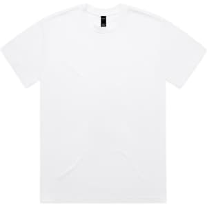 A plain white Heavy Tee t-shirt featuring a simple design and a logo on the label.