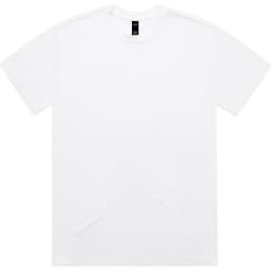 A white t-shirt with a crew neckline and short sleeves. It features a logo on the label.