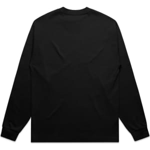 A long-sleeve black t-shirt featuring a plain back design, with fitted cuffs. It includes a branding logo.