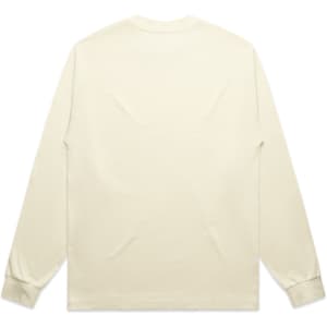 A cream long-sleeve t-shirt featuring a plain back and fitted cuffs, with a branding logo.