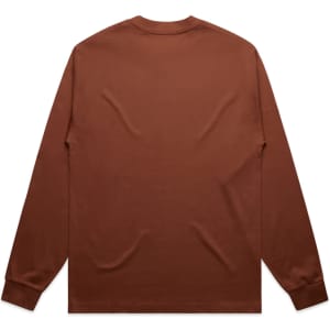 A brown long-sleeve T-shirt with a simple design and a logo on the garment.