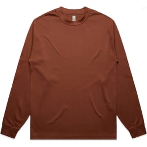 A brown long-sleeve t-shirt with a simple design and a visible logo on the label.